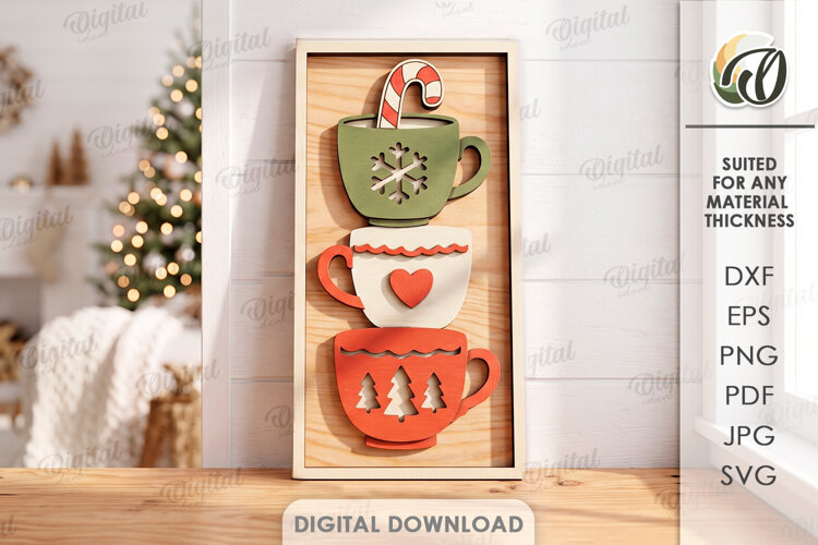 Triple Christmas Cups Wall Decor Laser Cut. Wall Sign SVG example image 1