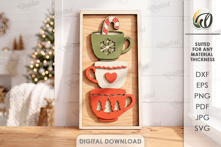 Triple Christmas Cups Wall Decor Laser Cut. Wall Sign SVG