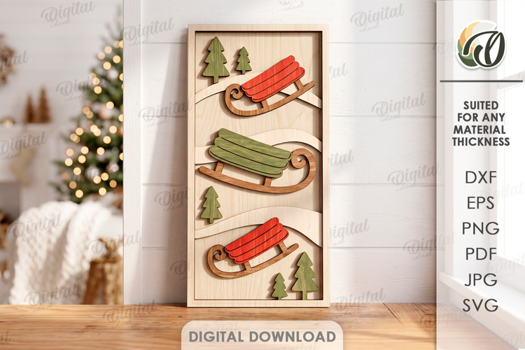 Triple Christmas Sleighs Wall Decor Laser Cut. Wall Sign SVG