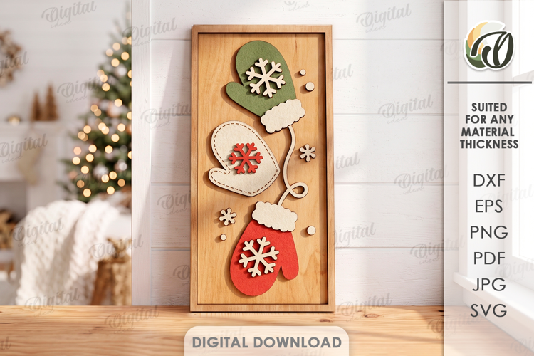 Triple Christmas Mittens Wall Decor Laser Cut. Wall Sign SVG