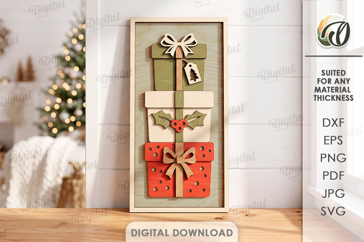 Triple Christmas Gifts Wall Decor Laser Cut. Wall Sign SVG example image 1