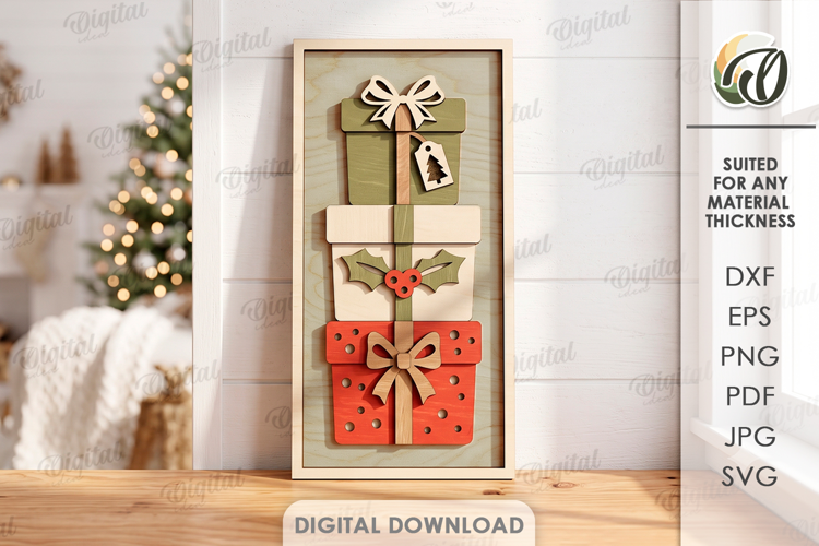 Triple Christmas Gifts Wall Decor Laser Cut. Wall Sign SVG