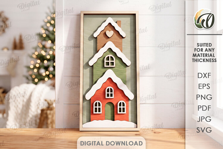 Triple Christmas Houses Wall Decor Laser Cut. Wall Sign SVG example image 1