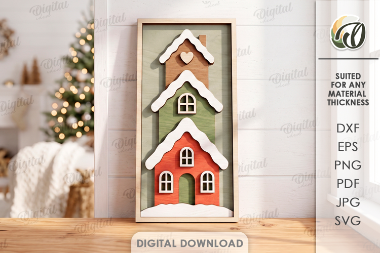 Triple Christmas Houses Wall Decor Laser Cut. Wall Sign SVG