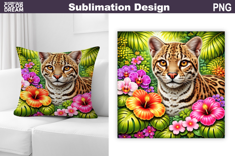 Ocelot Tropical Floral PNG | Jungle Cat Sublimation Design
