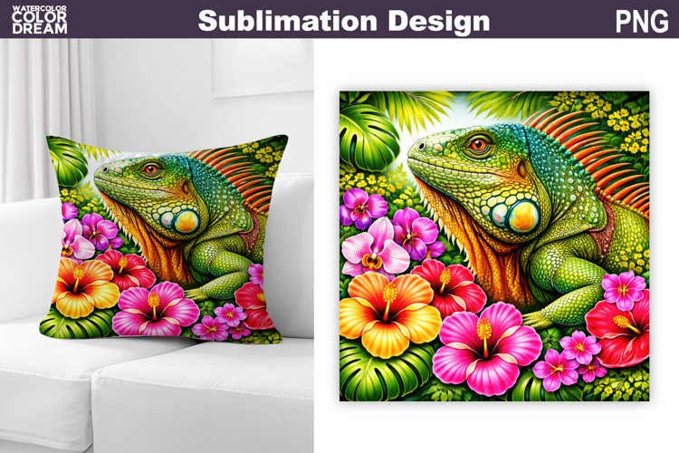 Green Iguana Tropical Floral PNG | Jungle Reptile Sublimatio