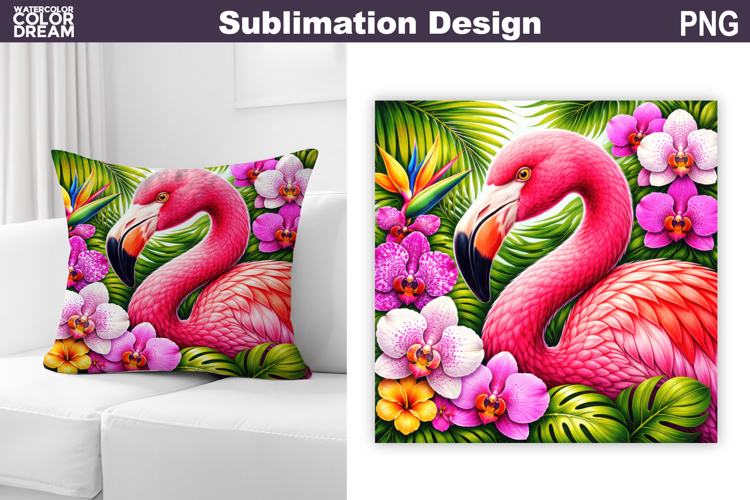 Pink Flamingo Tropical Floral PNG | Exotic Bird Sublimation