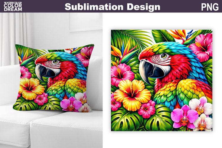 Tropical Macaw Floral PNG | Colorful Parrot Sublimation