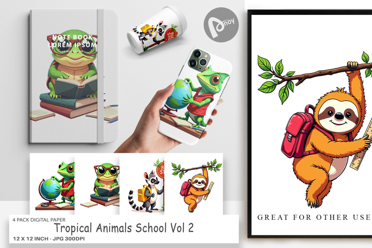 Digital Paper Tropical School Animals