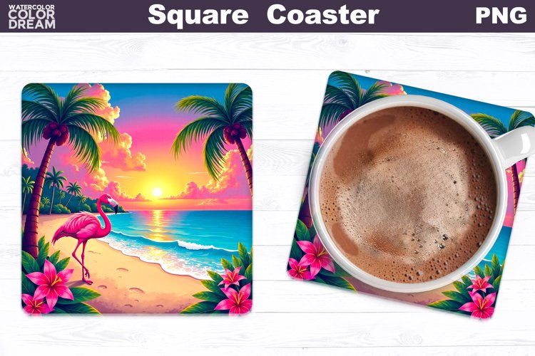 Tropical Beach Square Coaster | Summer Flamingo Square Coast