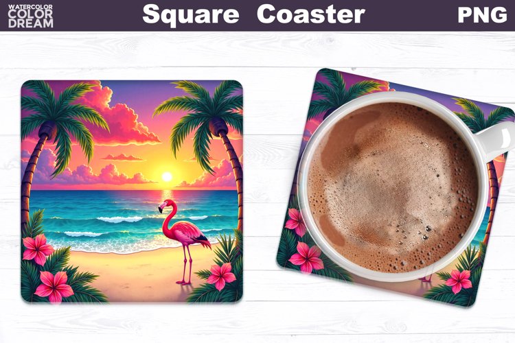 Tropical Beach Square Coaster | Summer Flamingo Square Coast