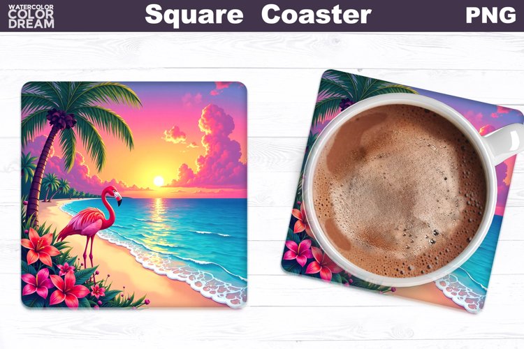 Tropical Beach Square Coaster | Summer Flamingo Square Coast