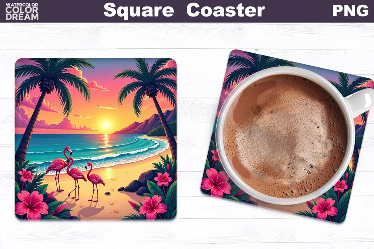 Tropical Beach Square Coaster | Summer Flamingo Square Coast