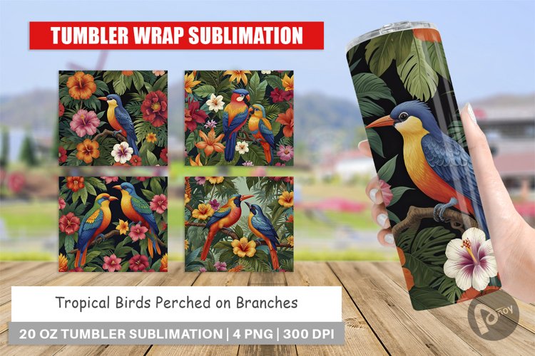 Tumbler Wrap Tropical Birds Perched
