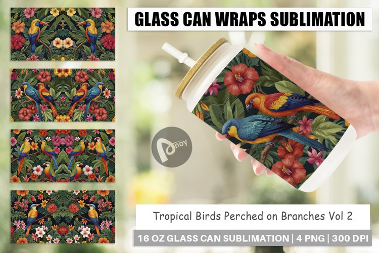 Glass Can Wraps Tropical Birds Perched