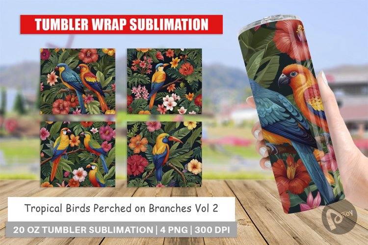 Tumbler Wrap Tropical Birds Perched