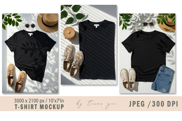 Black T-Shirt Mockup - 3 Flat Lay JPEGs