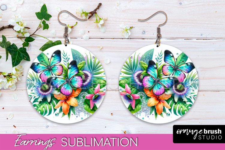 Butterfly Earrings Sublimation - Flower Round Earrings example image 1