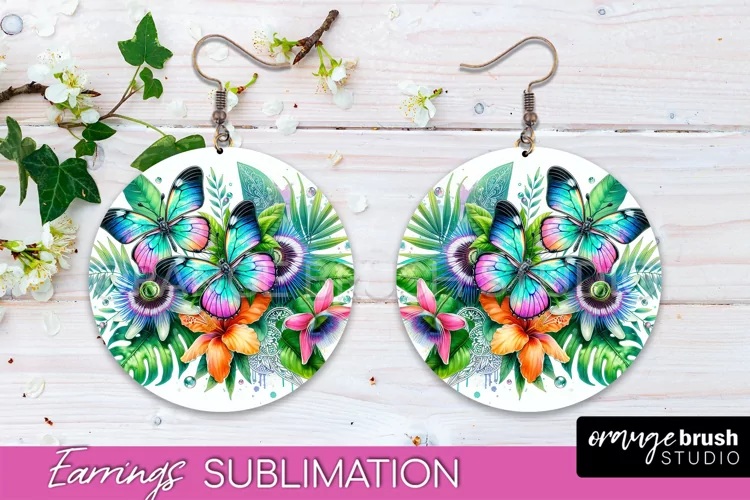 Butterfly Earrings Sublimation - Flower Round Earrings