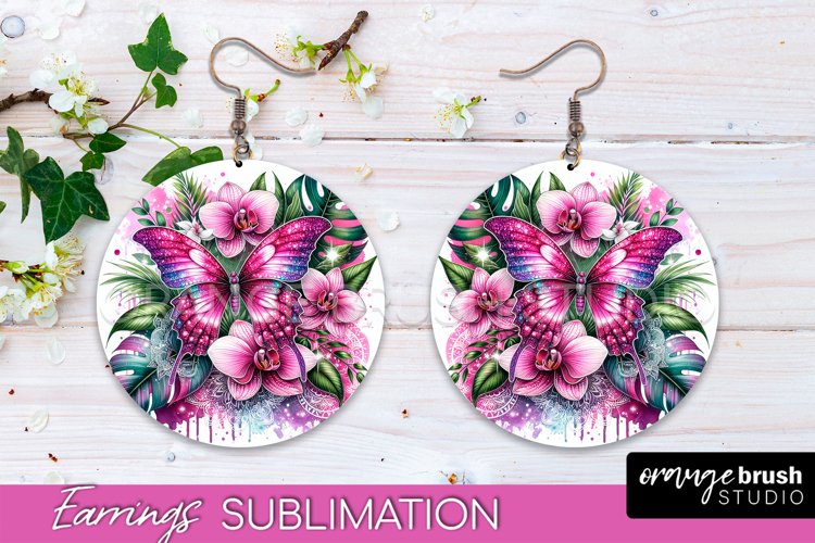 Butterfly Earrings Sublimation - Flower Round Earrings example image 1