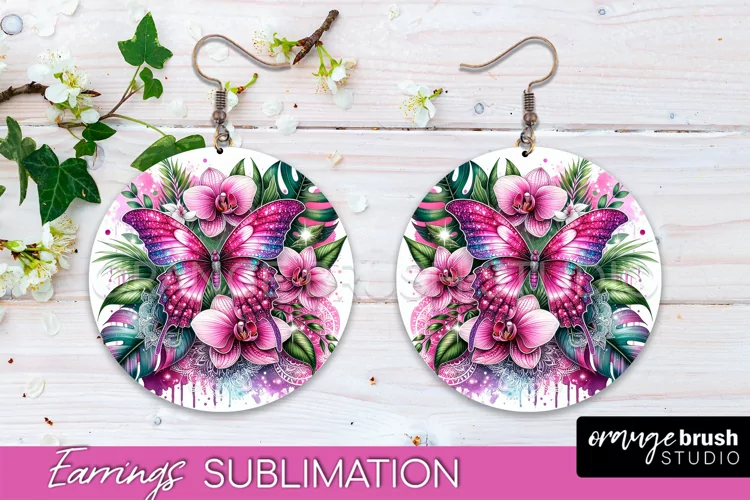 Butterfly Earrings Sublimation - Flower Round Earrings