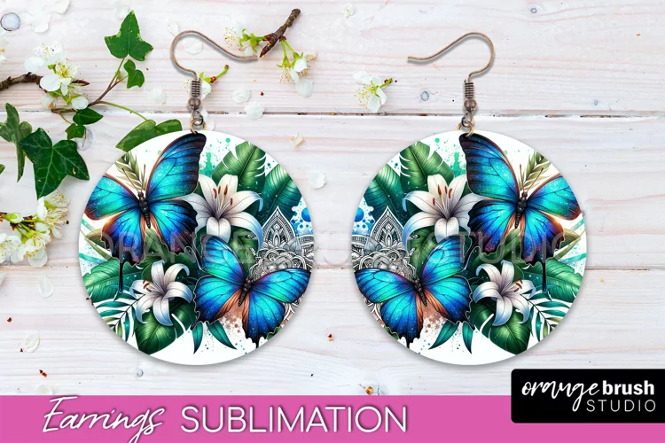 Butterfly Earrings Sublimation - Flower Round Earrings