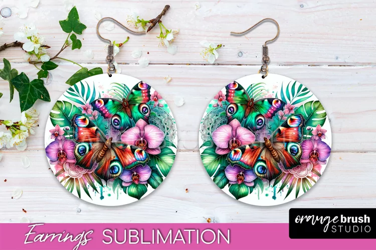 Butterfly Earrings Sublimation - Flower Round Earrings