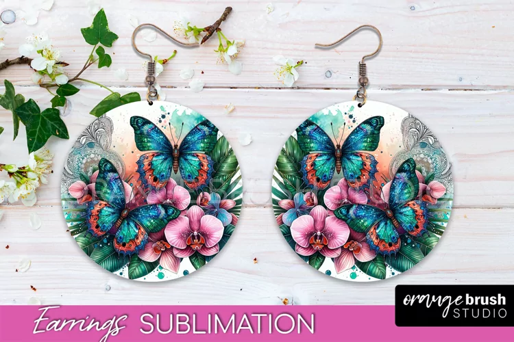 Butterfly Earrings Sublimation - Flower Round Earrings