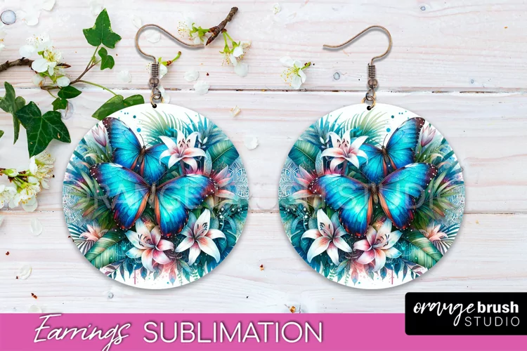 Butterfly Earrings Sublimation - Flower Round Earrings