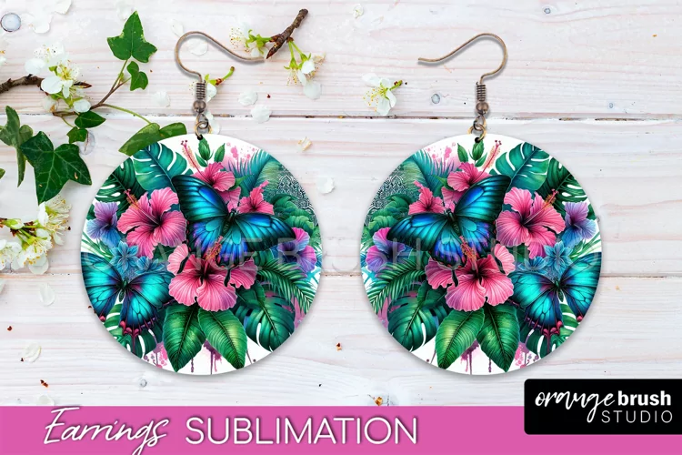Butterfly Earrings Sublimation - Flower Round Earrings