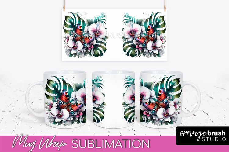 Butterfly Mug Wrap - Flowers Mug Sublimation Design