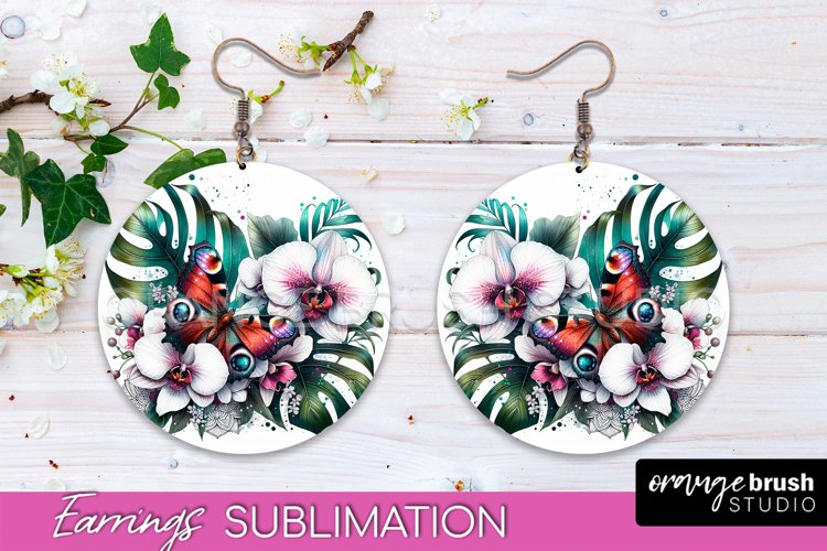 Butterfly Earrings Sublimation - Flower Round Earrings example image 1