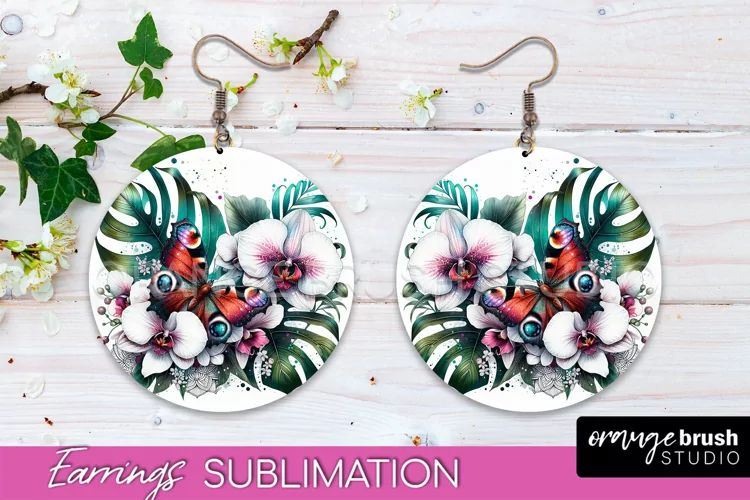 Butterfly Earrings Sublimation - Flower Round Earrings