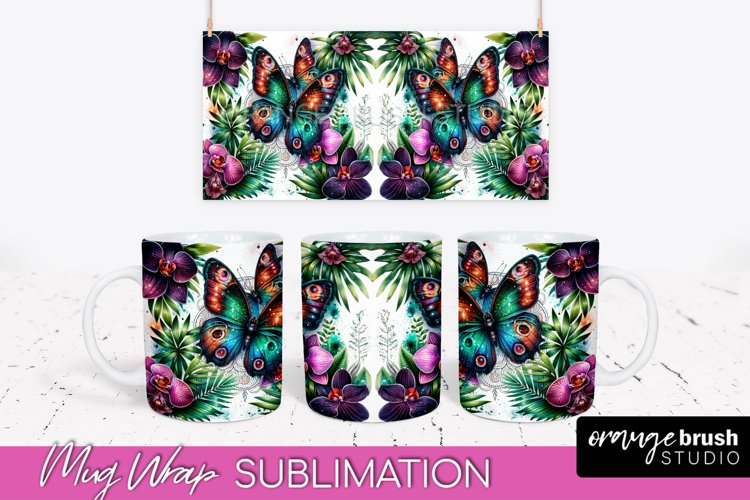 Butterfly Mug Wrap - Flowers Mug Sublimation Design