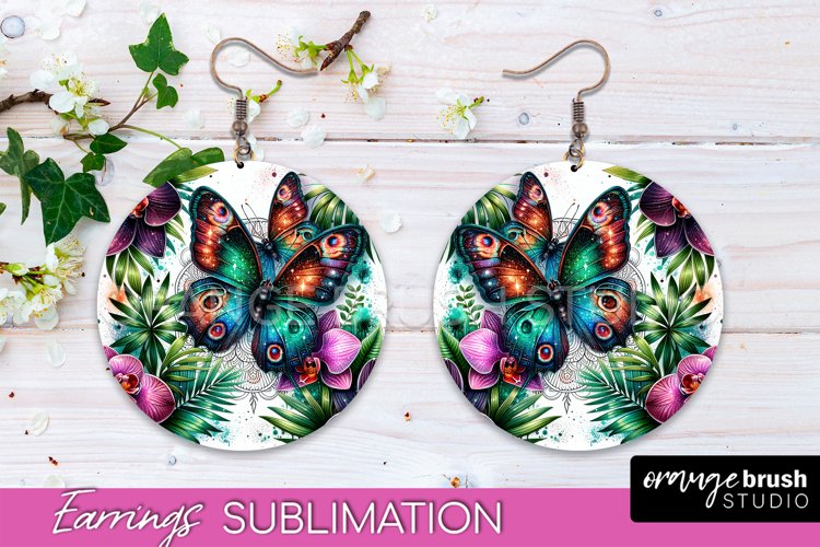 Butterfly Earrings Sublimation - Flower Round Earrings example image 1