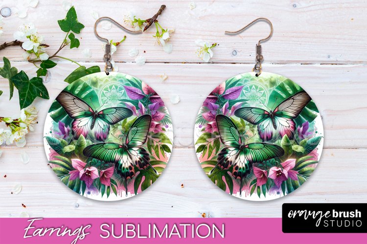 Butterfly Earrings Sublimation - Flower Round Earrings example image 1