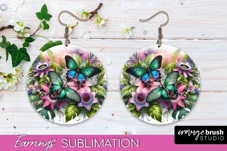 Butterfly Earrings Sublimation - Flower Round Earrings