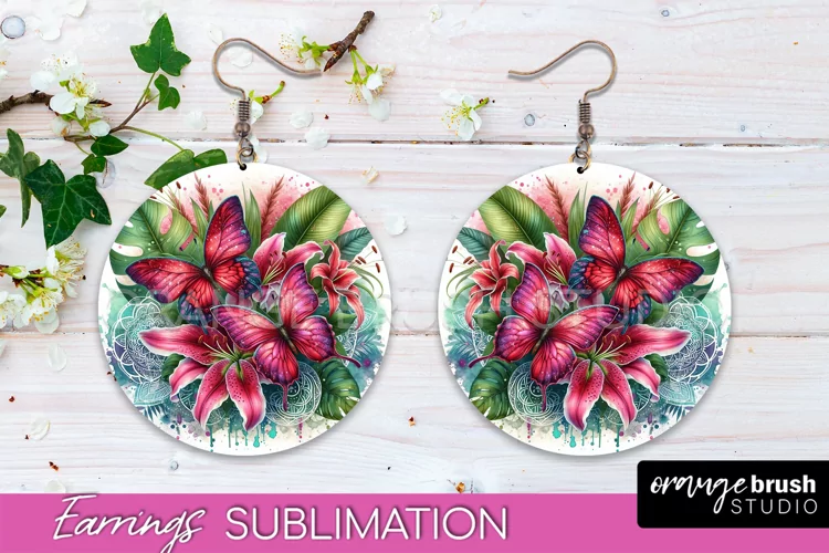 Butterfly Earrings Sublimation - Flower Round Earrings