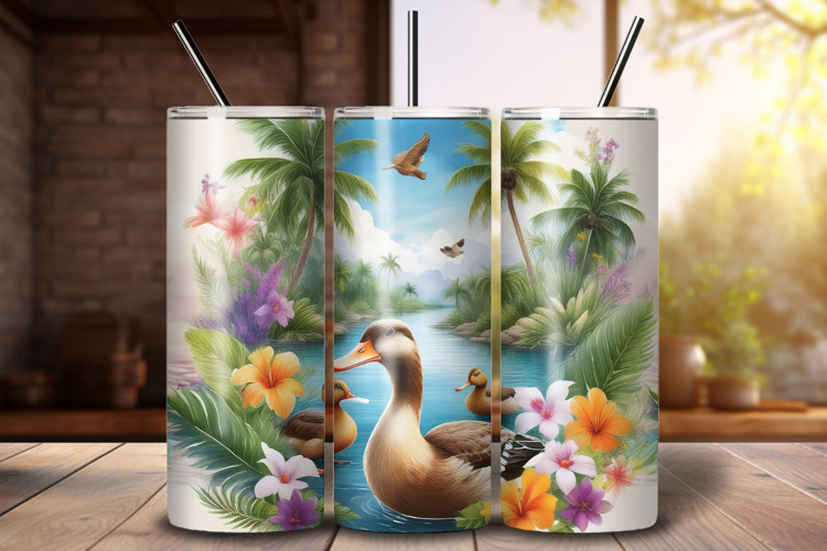Tropical Duck Tumbler Wrap PNG, Summer Sublimation Design