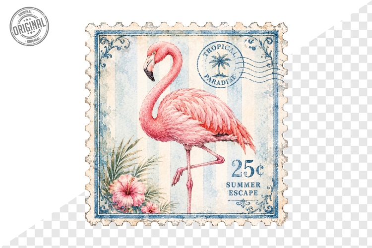 Tropical Flamingo Summer Escape Stamp PNG Clipart