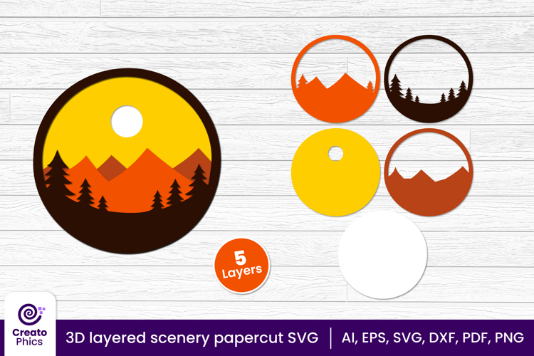 3D layered papercut scenery svg | nature sunset view decor