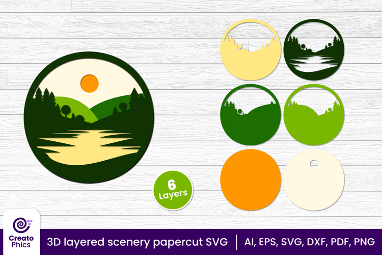 3D layered papercut scenery svg | nature green mountains