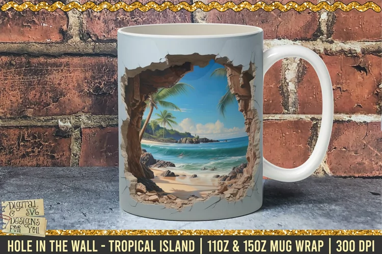 3D Tropical Beach Hole In Wall Mug Wrap, 11oz, 15oz Template