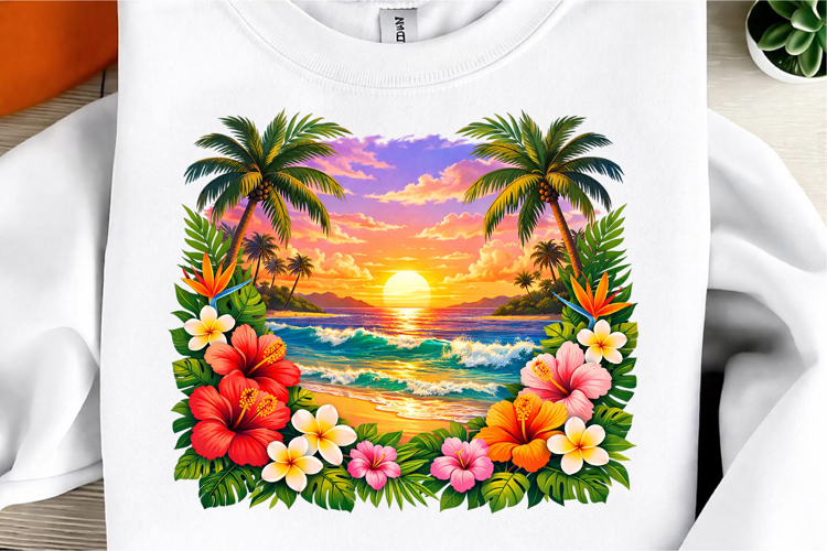 Tropical Island Sunset Beach Scene PNG example image 1