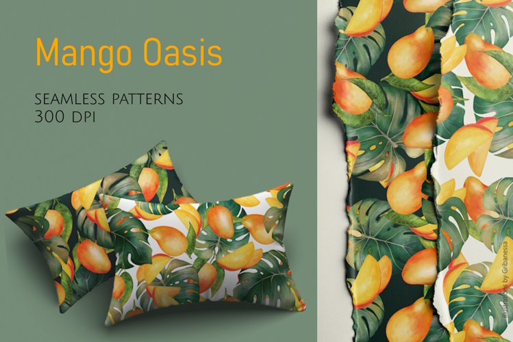 Tropical Mango & Monstera Seamless Pattern Set