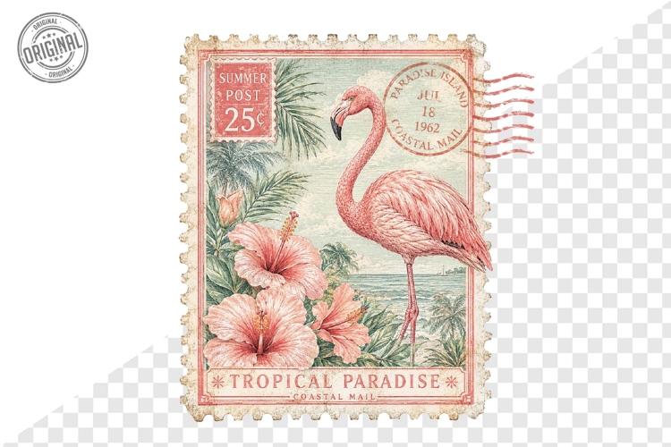 Tropical Paradise Flamingo Postage Stamp PNG Clipart