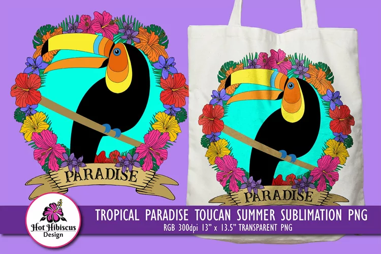 Tropical Paradise Toucan and Flowers Summer Sublimation PNG