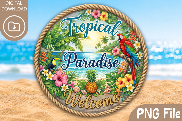 Tropical Paradise Welcome Design, Round Summer Coastal PNG