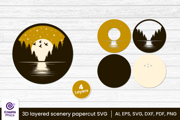 3D layered papercut moon scenery svg | golden night sky