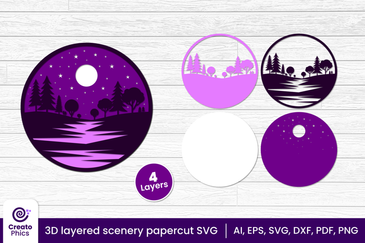 3D layered papercut moon scenery svg | purple night sky view